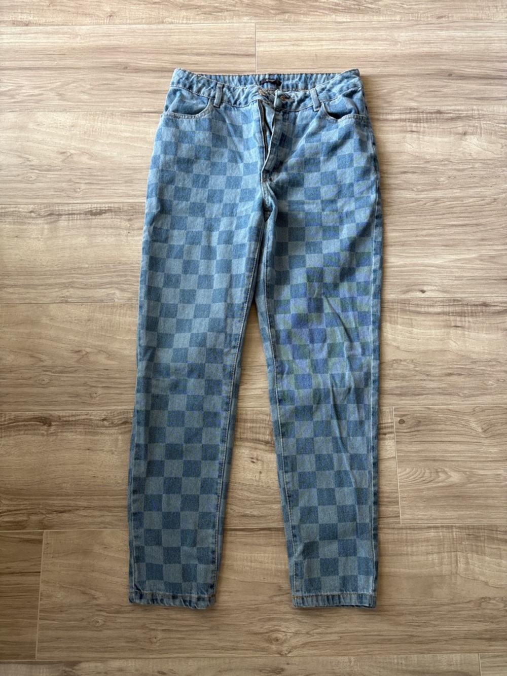 Straight-Leg Checkered Blue Denim Jeans